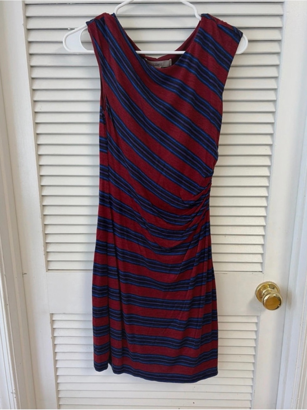 LOFT Sleeveless Midi Dress in Burgundy and Navy Stripes